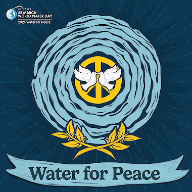 Eine Grafik zeigt zwei Friedenstauben vor einem Friedenszeichen, das von einem Wasserstrudel umrahmt wird